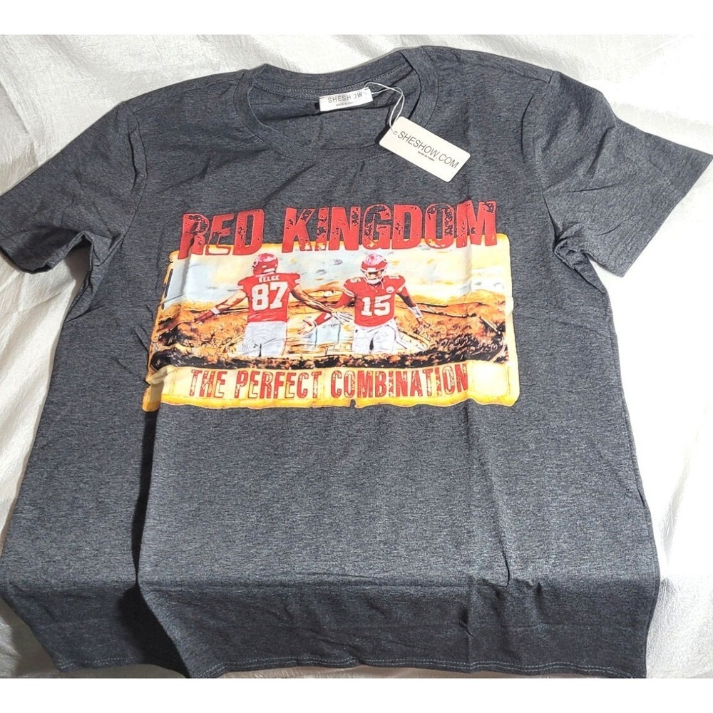 SheShowStore Ladies Kelce Mahomes Red Kingdom Chief's Tee‎ - Dark Gray - Small